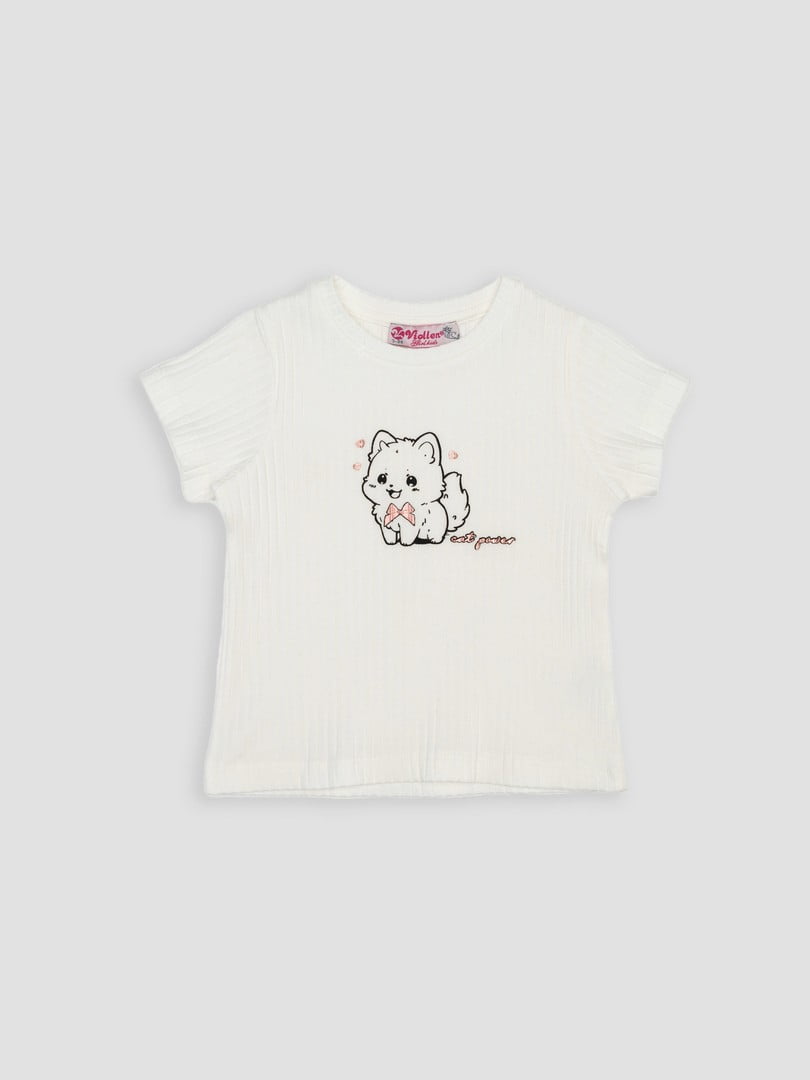Бавовняна футболка молочного кольору з принтом | 6873049