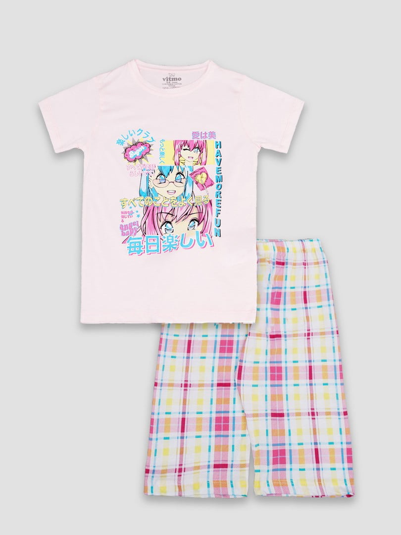 Піжама рожева з принтом: футболка та шорти | 6873363