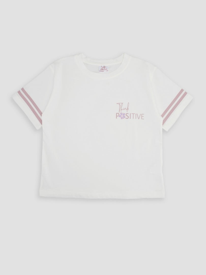 Бавовняна футболка молочного кольору з принтом | 6873400