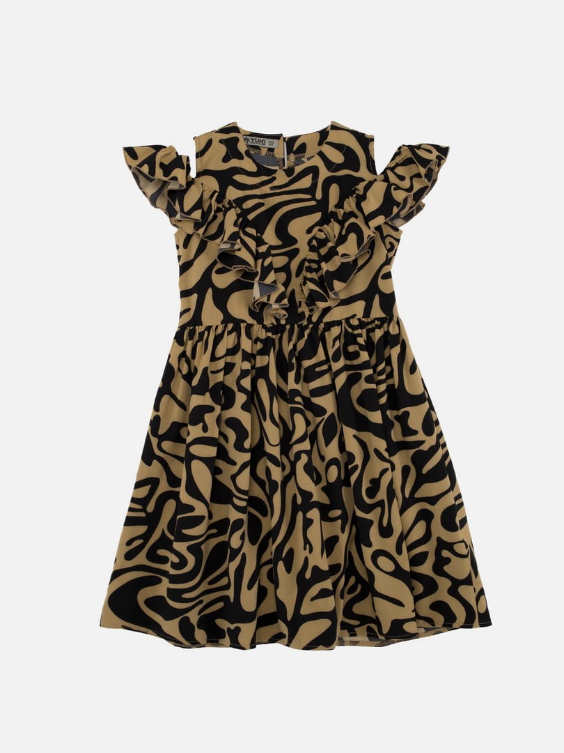Розкльошена бежево-чорна сукня в абстрактний принт | 6873421