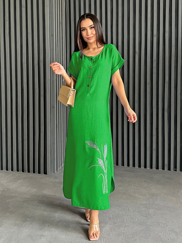 Літня зелена лляна сукня максі з ніжною вишивкою “Колоски” | 6874265