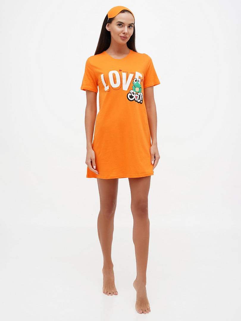 Оранжева нічна сорочка-футболка з принтом | 6874940