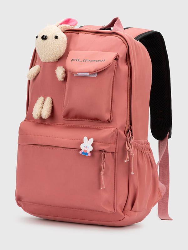 Текстильний рюкзак коралового кольору з іграшкою | 6876028