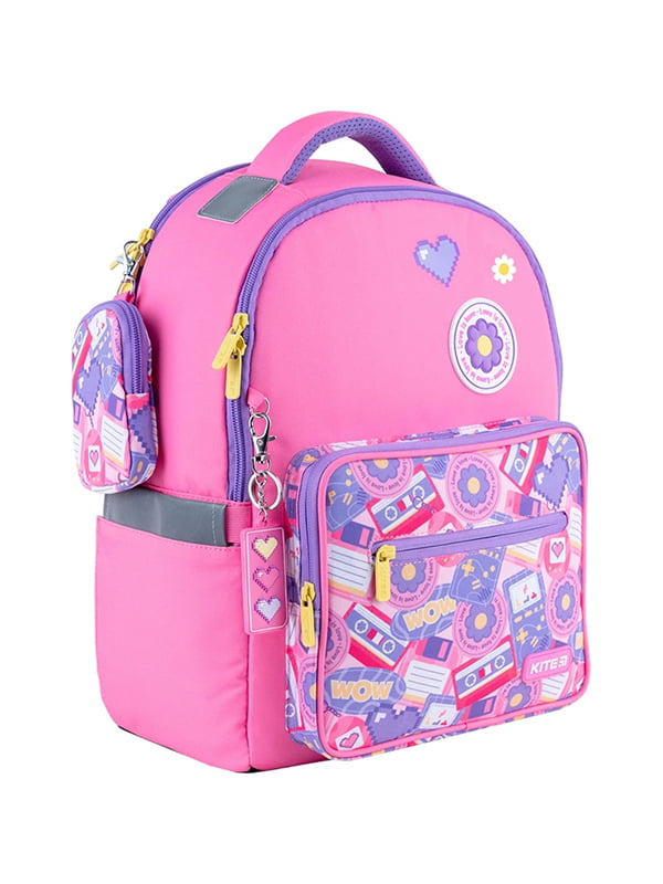 Рюкзак шкільний рожевий з принтом і накладною кишенею | 6876034