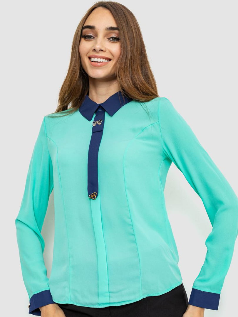 Блуза мятного цвета с синим воротником | 6887885