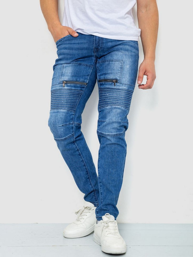 Прямые синие джинсы с потертостями | 6888227