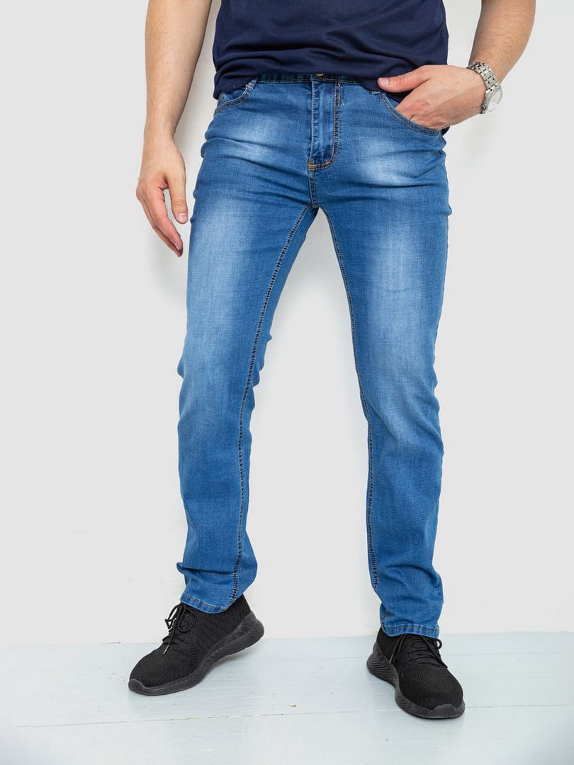 Прямые синие джинсы с потертостями | 6888258