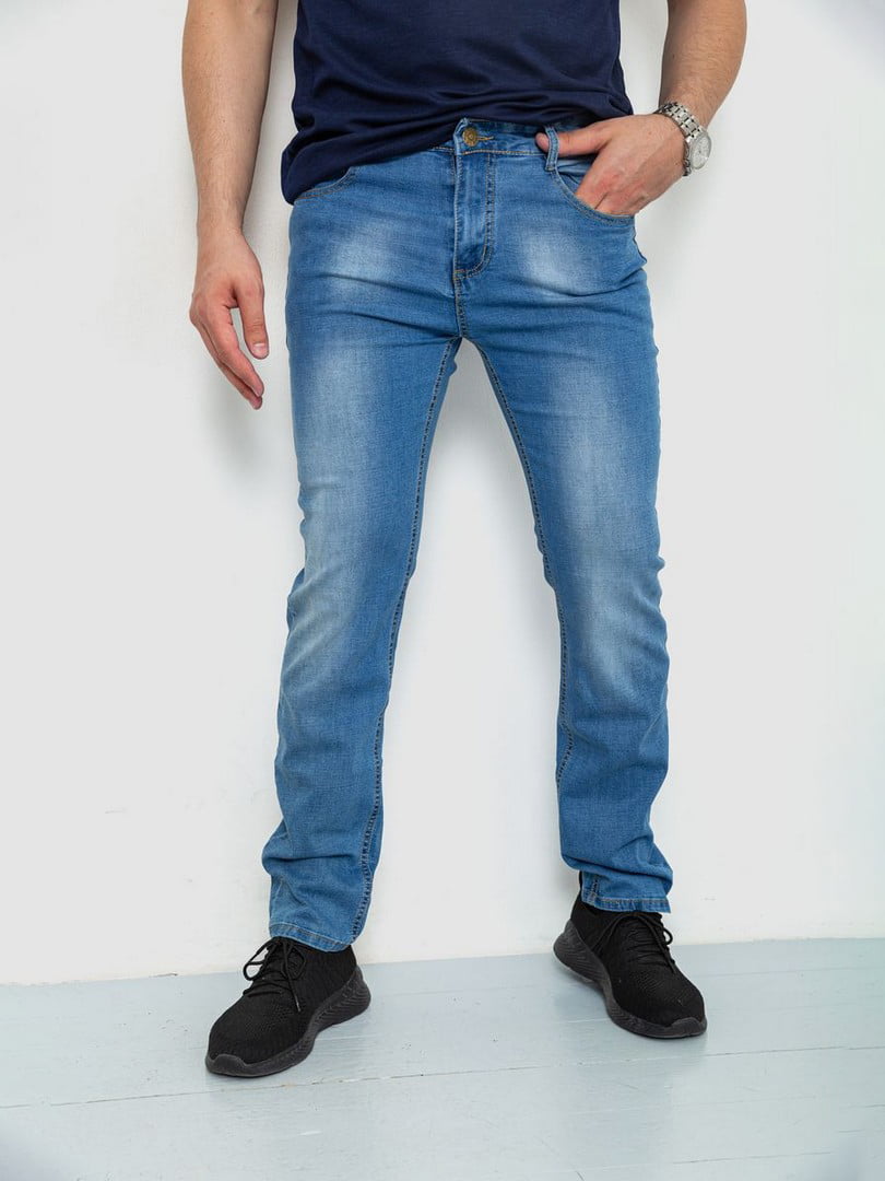 Прямые синие джинсы с потертостями | 6888259