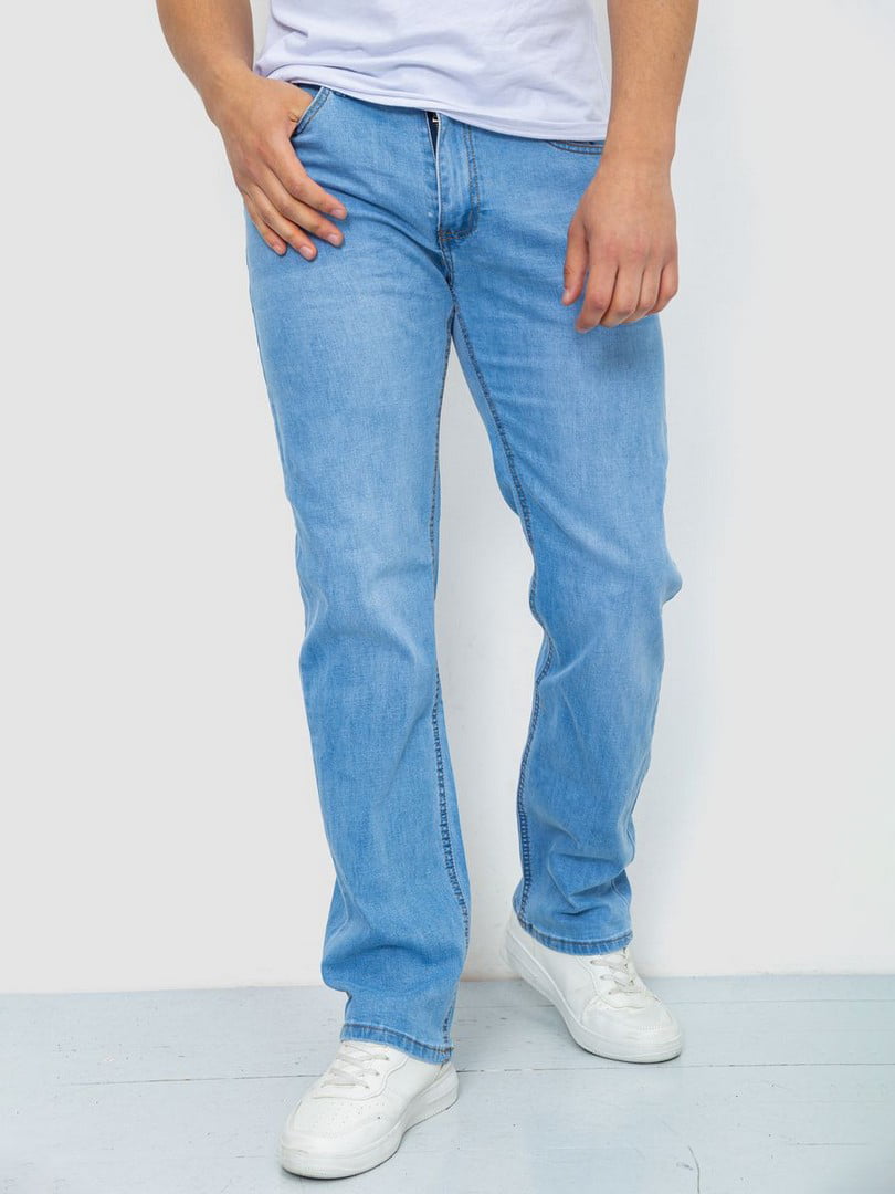 Прямые голубые джинсы с потертостями | 6888276