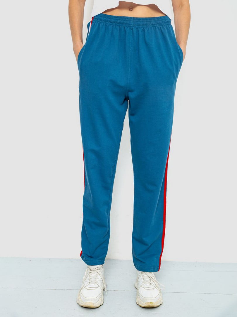 Трикотажные синие брюки зауженного фасона с лампасами | 6888940