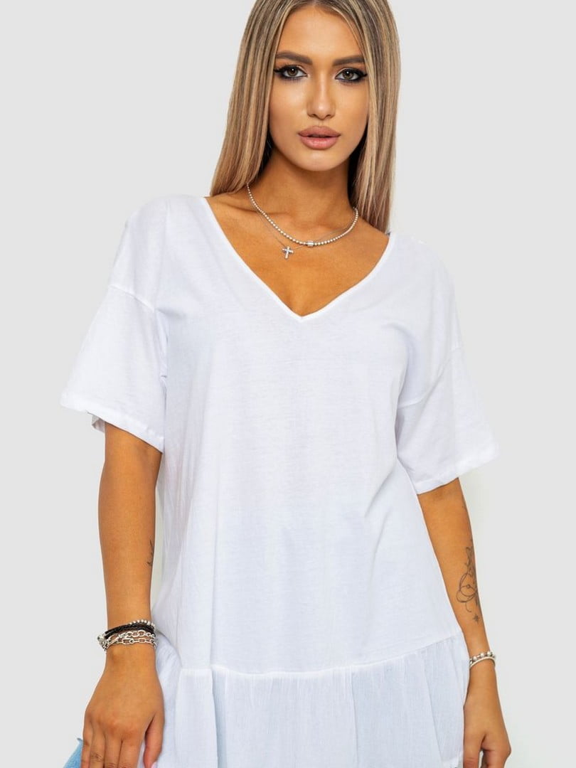Белая удлиненная футболка с рюшей | 6889117