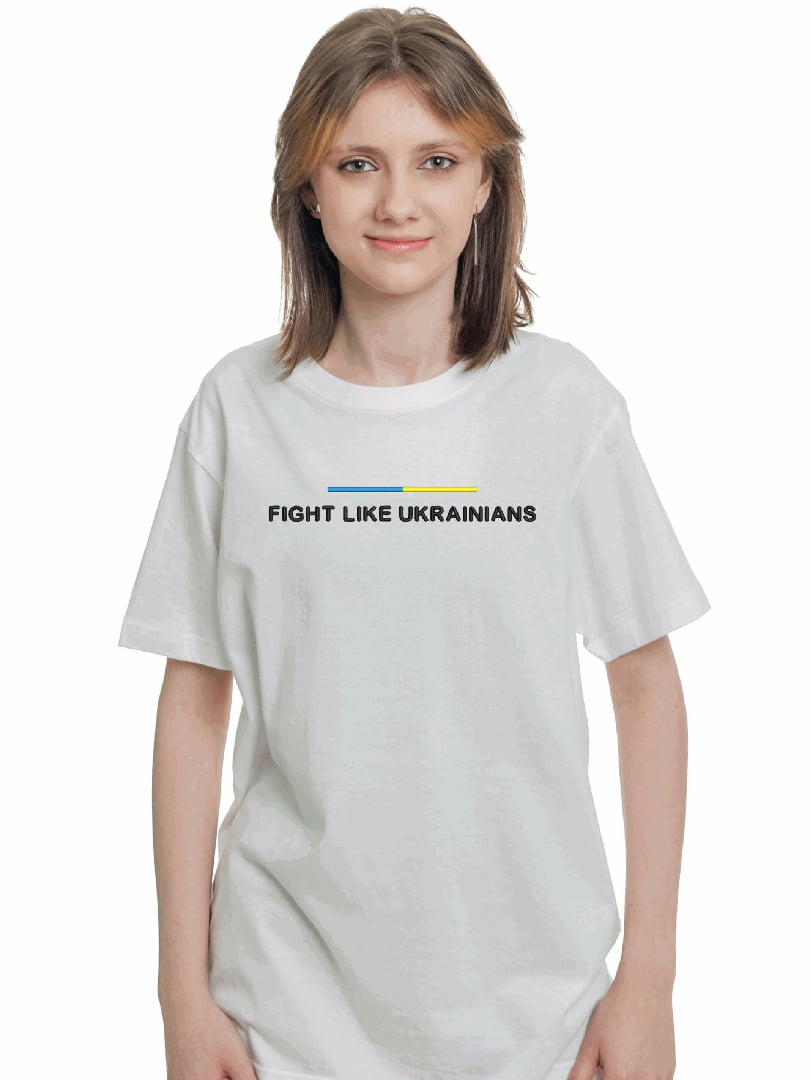 Футболка біла з вишивкою "Fight Like Ukrainians" | 7128075