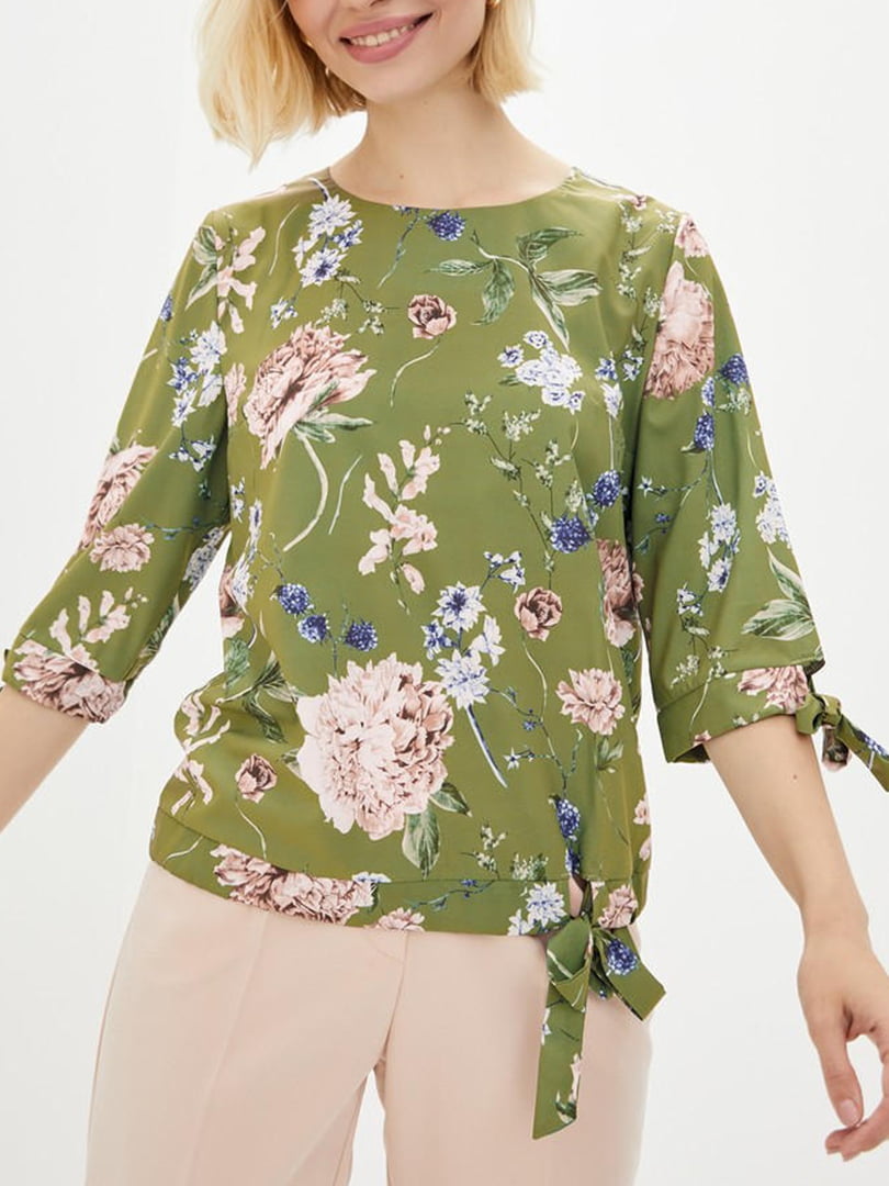 Блуза цвета хаки в цветочный принт | 5920788