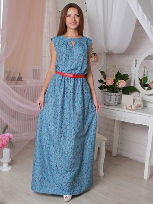 Платье синее в цветочный принт | 3423851
