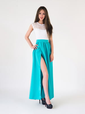 Сукня-максі біло-бірюзова з вирізом | 5035098
