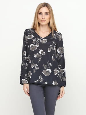 Блуза темно-серая с цветочным принтом | 5308575
