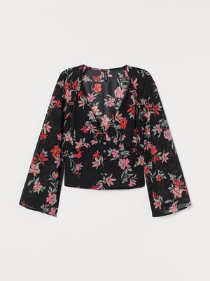 Блуза чорна з квітковим принтом | 5507149