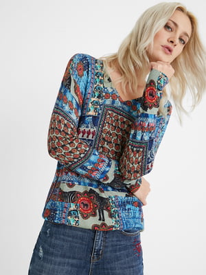Пуловер комбинированного цвета в цветочный принт | 5635993