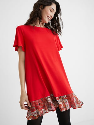 Платье-туника красного цвета в цветочный принт | 5636011