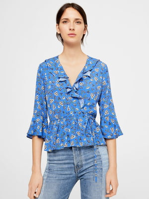 Блуза синяя в цветочный принт | 5659248
