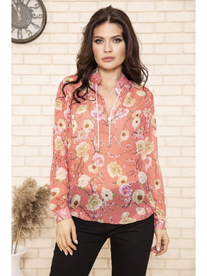 Блуза кораллового цвета с цветочным принтом | 5703699