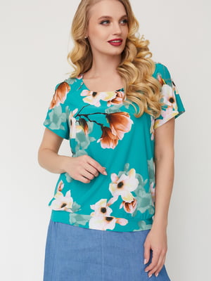 Блуза бірюзового кольору у квітковий принт | 5729106