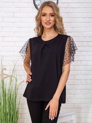 Блуза черная с декором-крапинкой | 5773431