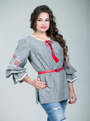 Блуза сіра смугаста та з квітковою вишивкою | 4007402