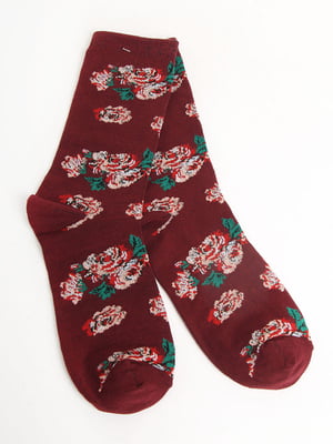 Шкарпетки бордові в квітковий принт | 5798600