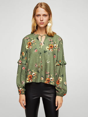 Блуза цвета хаки с цветочным принтом | 5808310