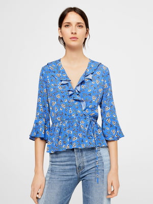 Блуза синяя с цветочным принтом | 5808312