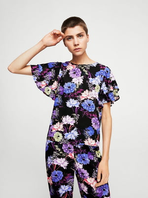 Блуза чорна з квітковим принтом | 5808452