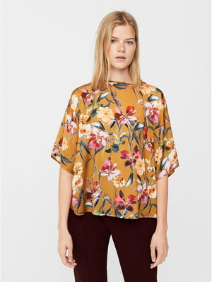 Блуза горчичного цвета с цветочным принтом | 5808483