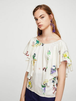 Блуза молочного цвета с цветочным принтом | 5808606