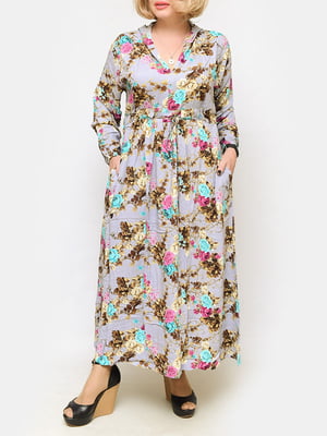 Платье А-силуэта серое в цветочный принт | 5720257