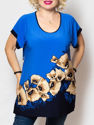 Блуза синяя с цветочным принтом | 5810119