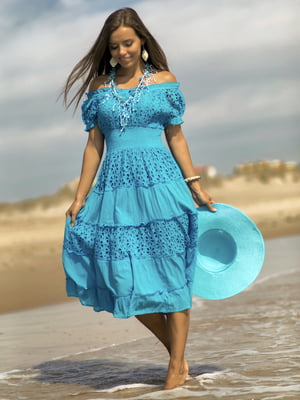 Сукня А-силуету пляжна бірюзова з вишивкою | 5873275