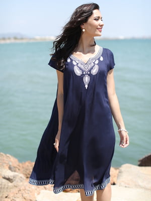 Сукня А-силуету пляжна синя з квітковою вишивкою-орнаментом | 5873286