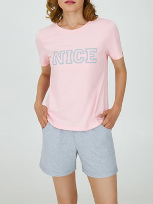 Пижама розово-серая: футболка и шорты | 5903737