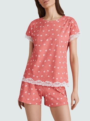 Пижама коралловая в принт: футболка и шорты | 5903740