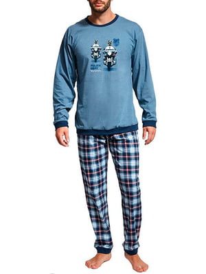 Пижама синяя в комбинированный принт: свитшот и брюки | 5903770