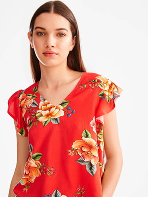 Блуза коралловая с цветочным принтом | 5899110