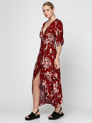 Сукня А-силуету бордова з квітковим принтом | 5900259