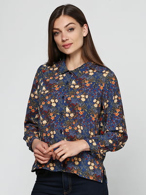 Блуза синяя с цветочным принтом | 5900291