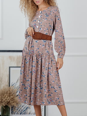 Платье А-силуэта цвета мокко в цветочный принт | 5919933