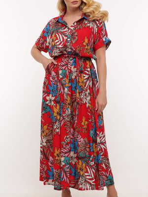 Платье А-силуэта красное в цветочный принт | 5918980