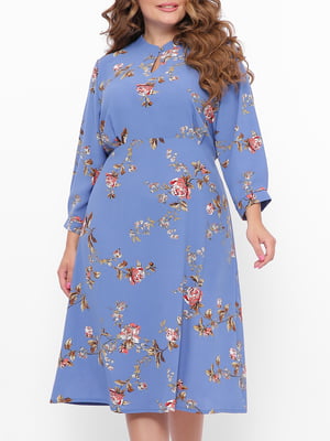 Платье А-силуэта голубое в цветочный принт | 5919167