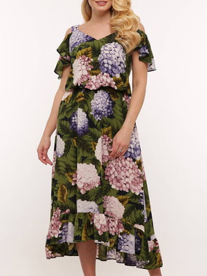 Сукня А-силуету зелена в квітковий принт | 5919180