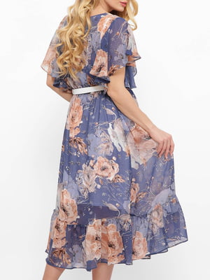 Платье А-силуэта голубое в цветочный принт | 5919415