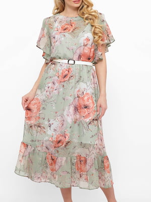 Платье А-силуэта светло-оливкового цвета в цветочный принт | 5919416